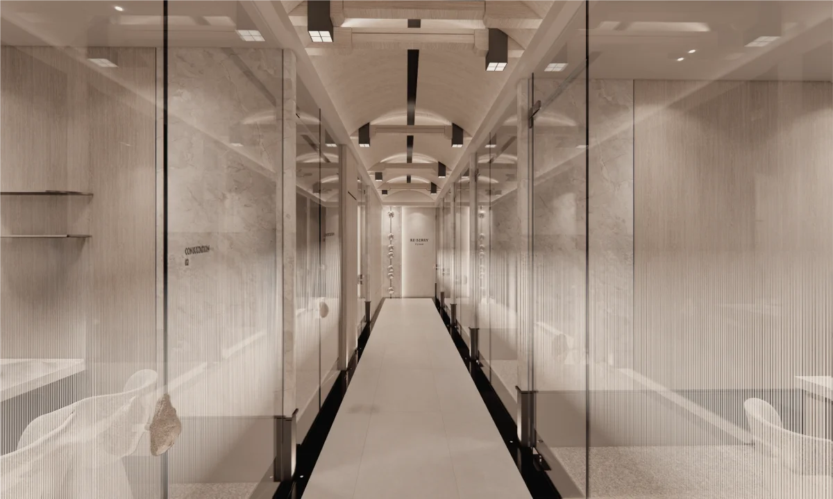 RE:BERRY Clinic Gangnam luxury interior — waterfall art installation and contemporary lobby with marble accents in Seocho-gu Seoul
