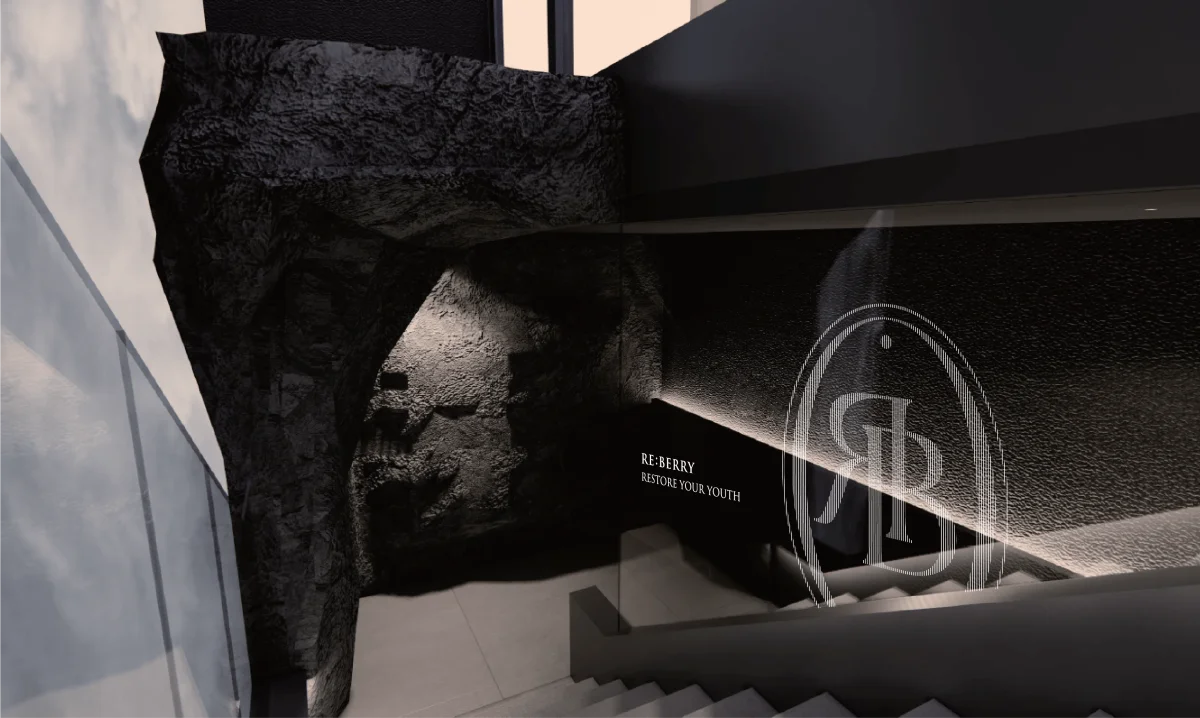 RE:BERRY Clinic Gangnam light tunnel entrance with RB monogram — LED-lit corridor luxury dermatology Seoul