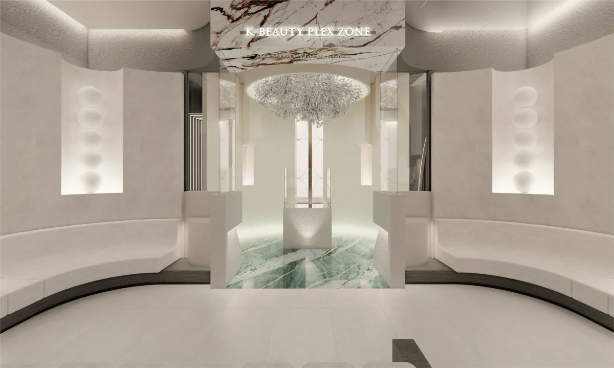 K-Beauty Plex Zone at RE:BERRY Clinic Gangnam — marble chandelier and emerald floor luxury aesthetics