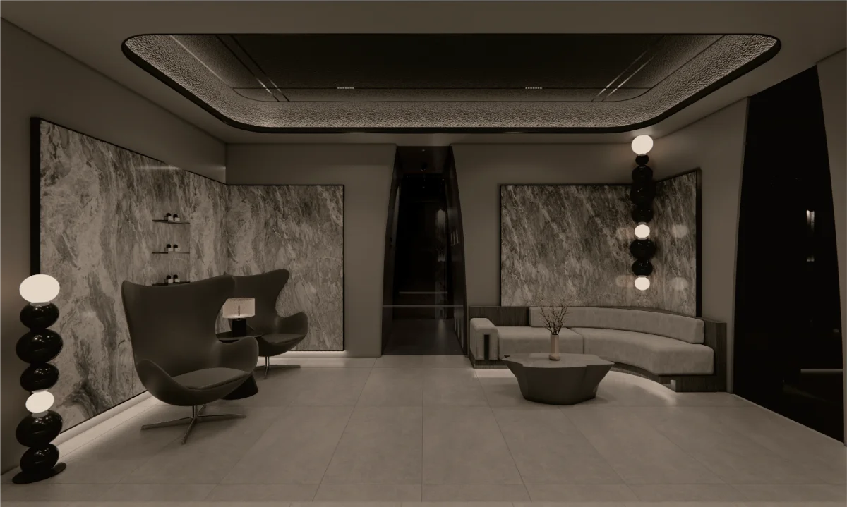VVIP private treatment suite at RE:BERRY Clinic Gangnam — marble walls, starlight ceiling, luxury dermatology room Seoul