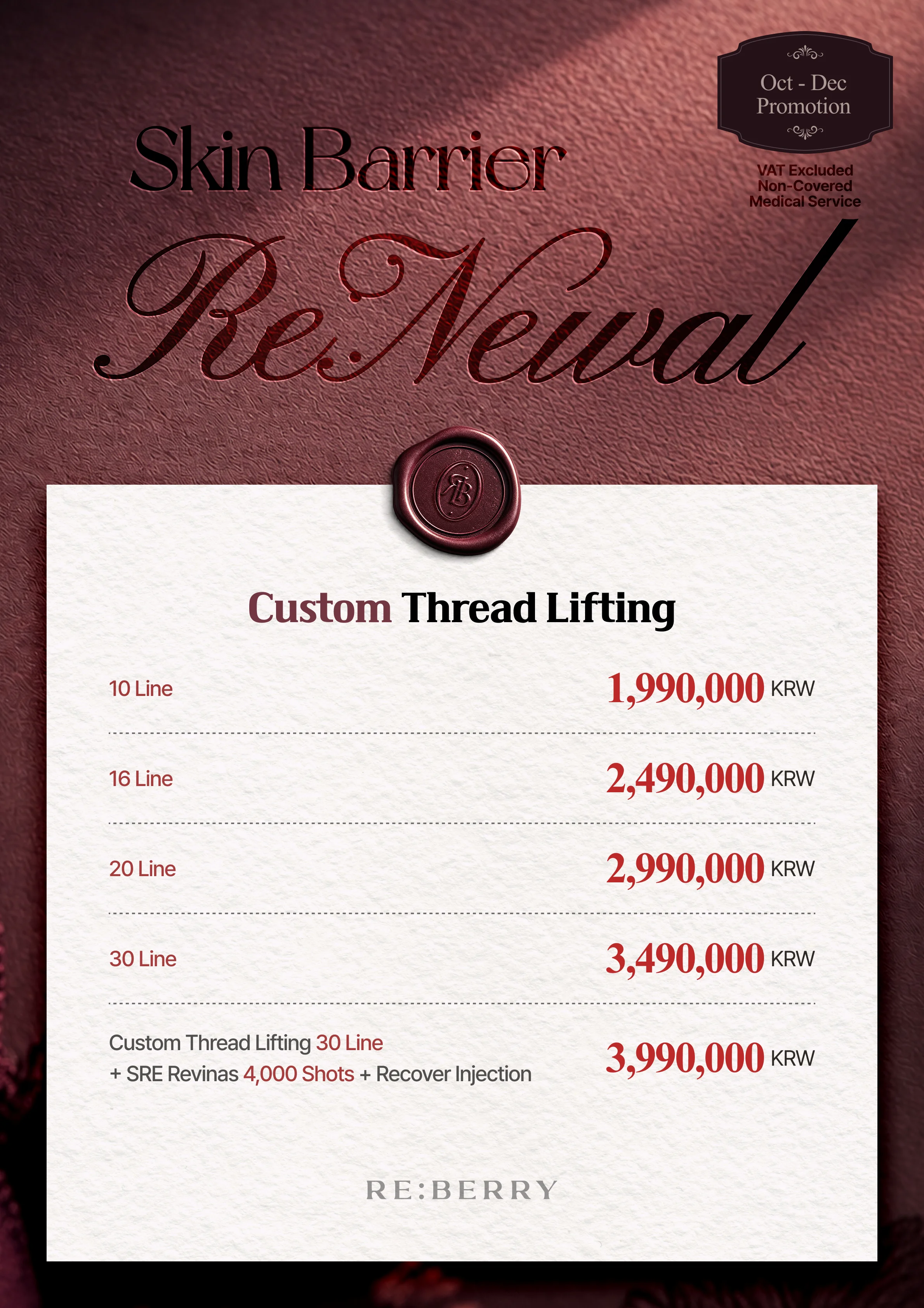 RE:BERRY Gangnam October–December 2026 Promotion Page 14 — Custom Thread Lifting: 10 Line ₩1,990,000 · 16 Line ₩2,490,000 · 20 Line ₩2,990,000 · 30 Line ₩3,490,000 · Custom Thread Lifting 30 Line + SRE Revinas 4,000 Shots + Recover Injection ₩3,990,000 · VAT excluded