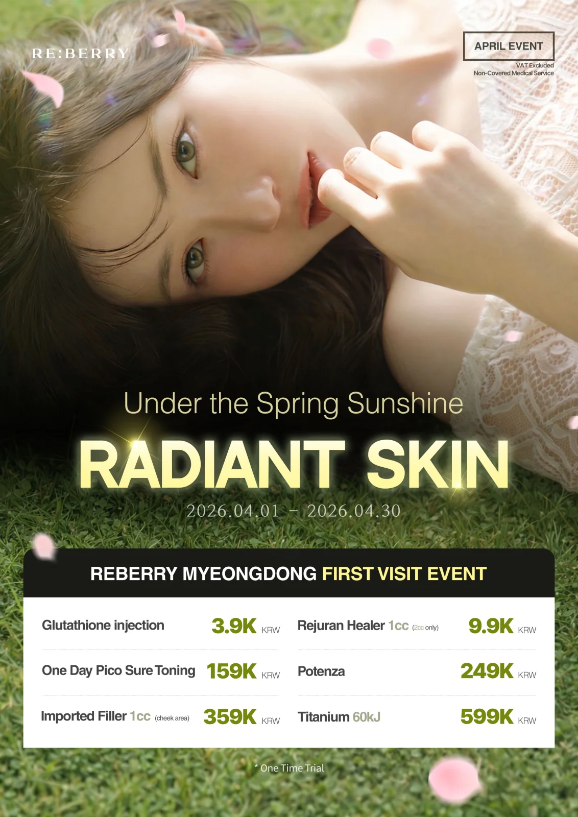 RE:BERRY Myeongdong April 2026 Promotion Page 1 — First visit event specials and skin treatment packages