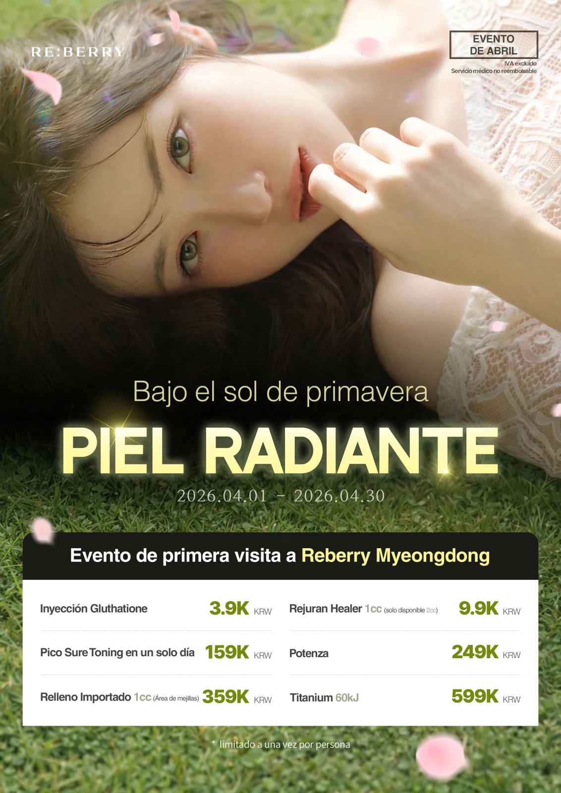 RE:BERRY Myeongdong April 2026 Promotion Page 1 — Signature lifting and skin packages with pricing